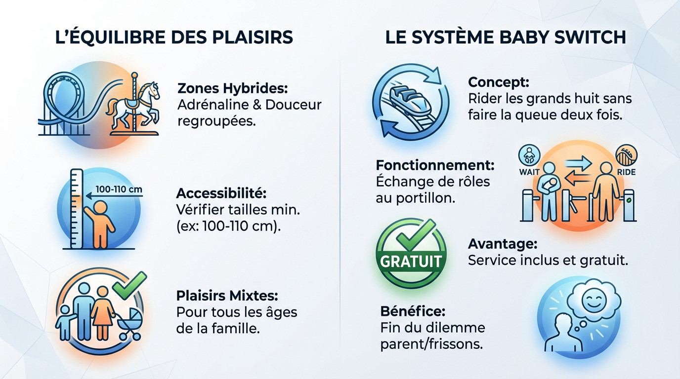 Famille heureuse profitant d'un mélange de manèges doux et de montagnes russes
